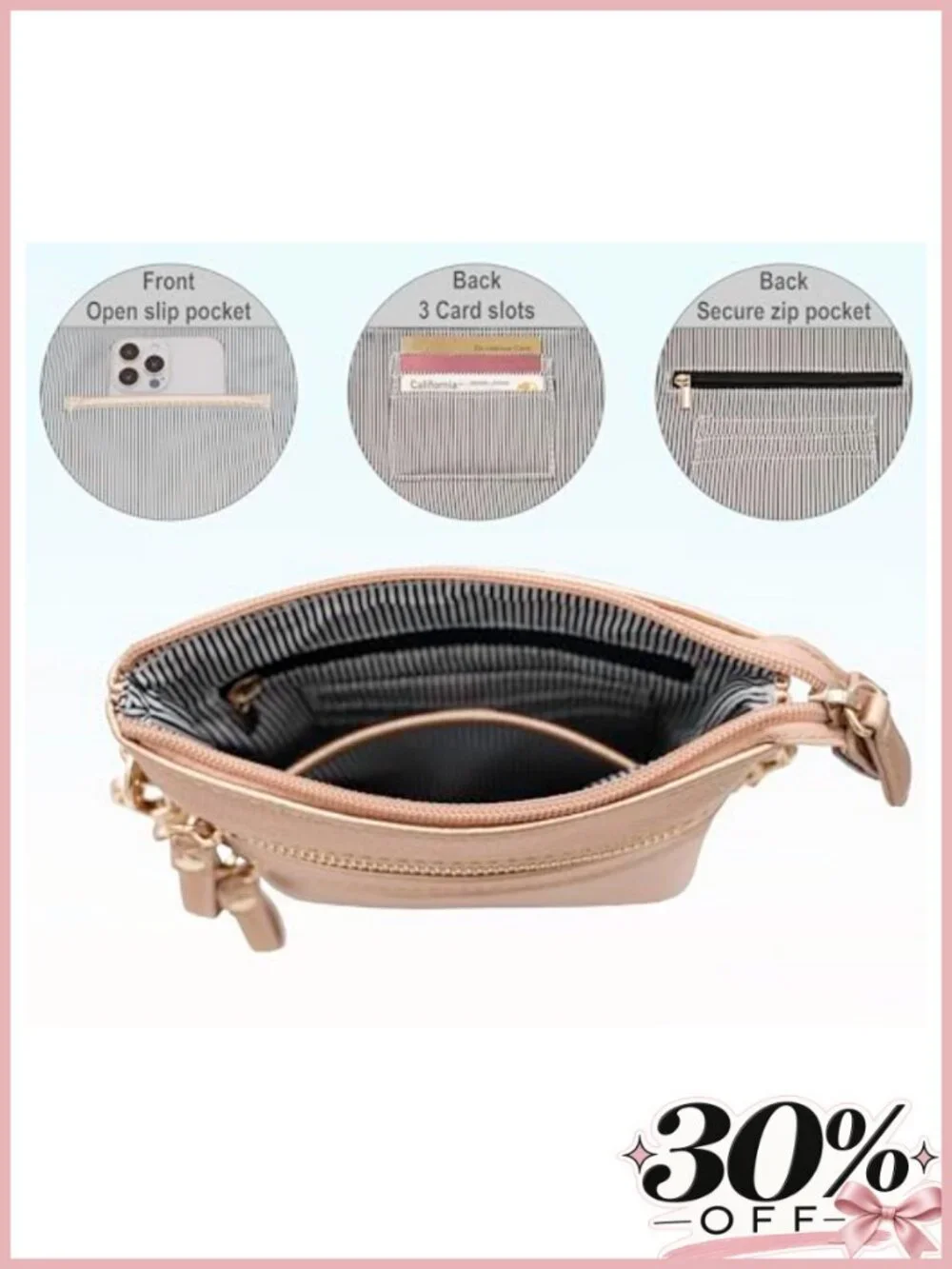 Faux Leather Crossbody Bag Detachable Wristlet Multi Zip Pockets